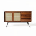 Wooden media console cabinet with cane front doors and three drawers 120 x 40 x 70cm