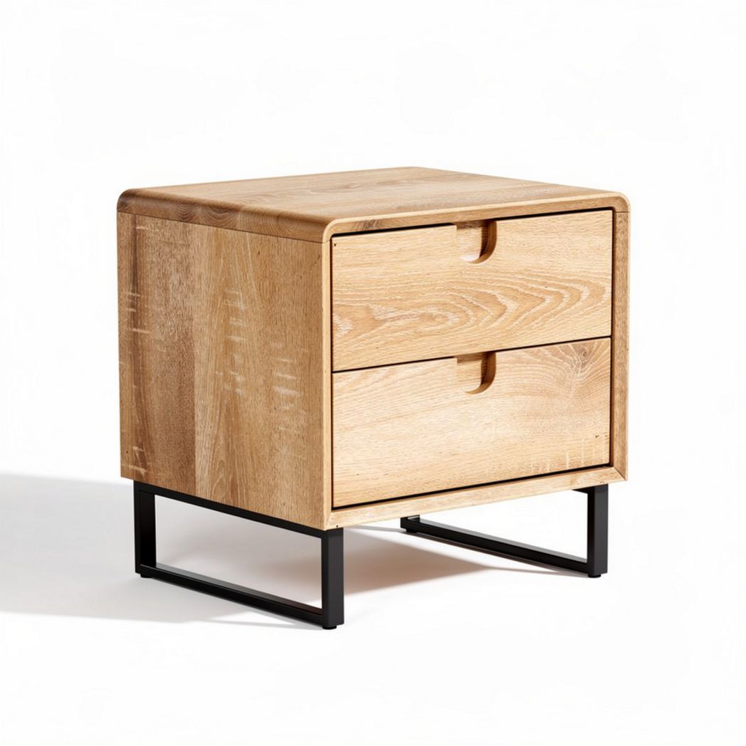 Wooden nightstand with two drawers and black metal legs 45 x 45 x 50cm