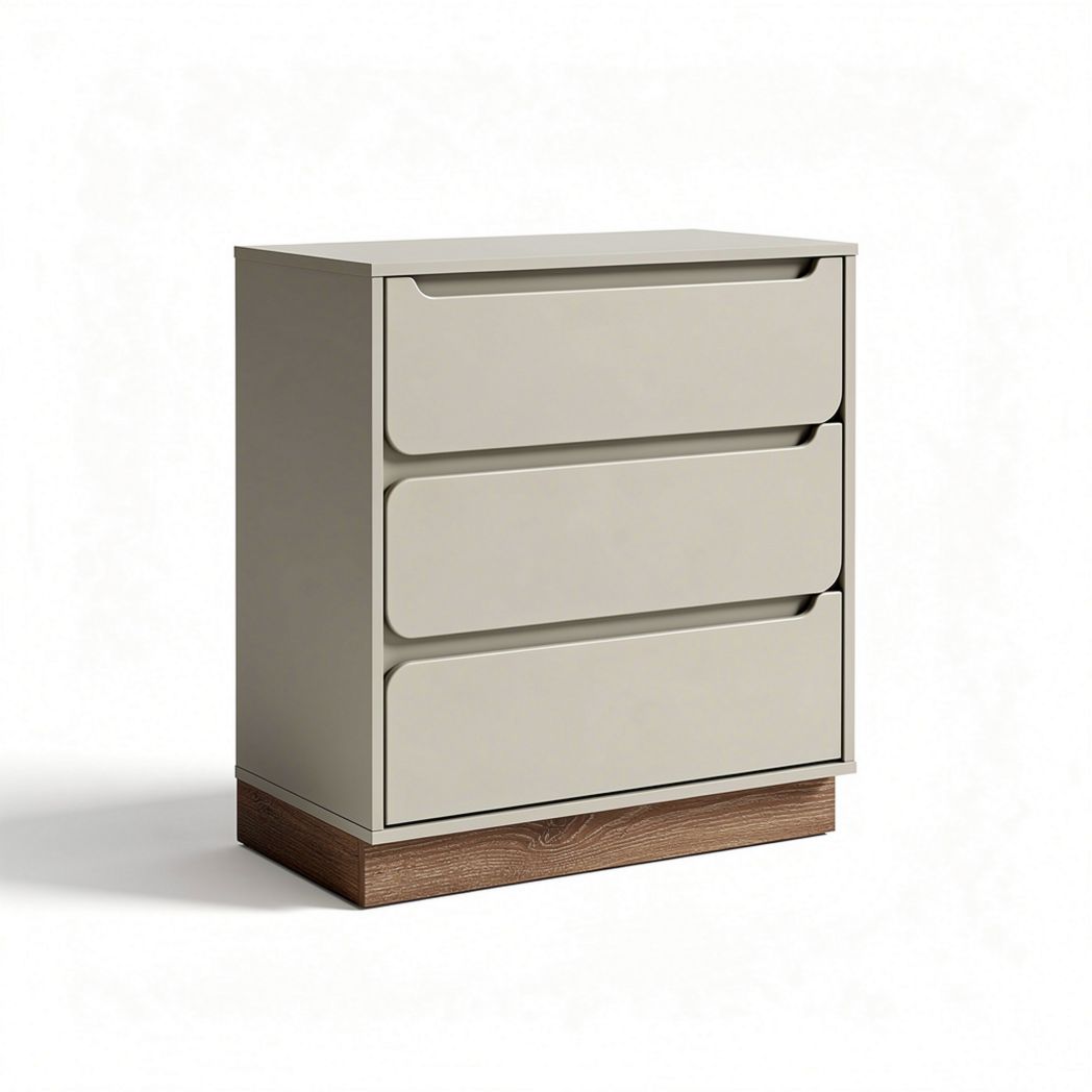 Modern three-drawer storage cabinet with wooden base in light gray color