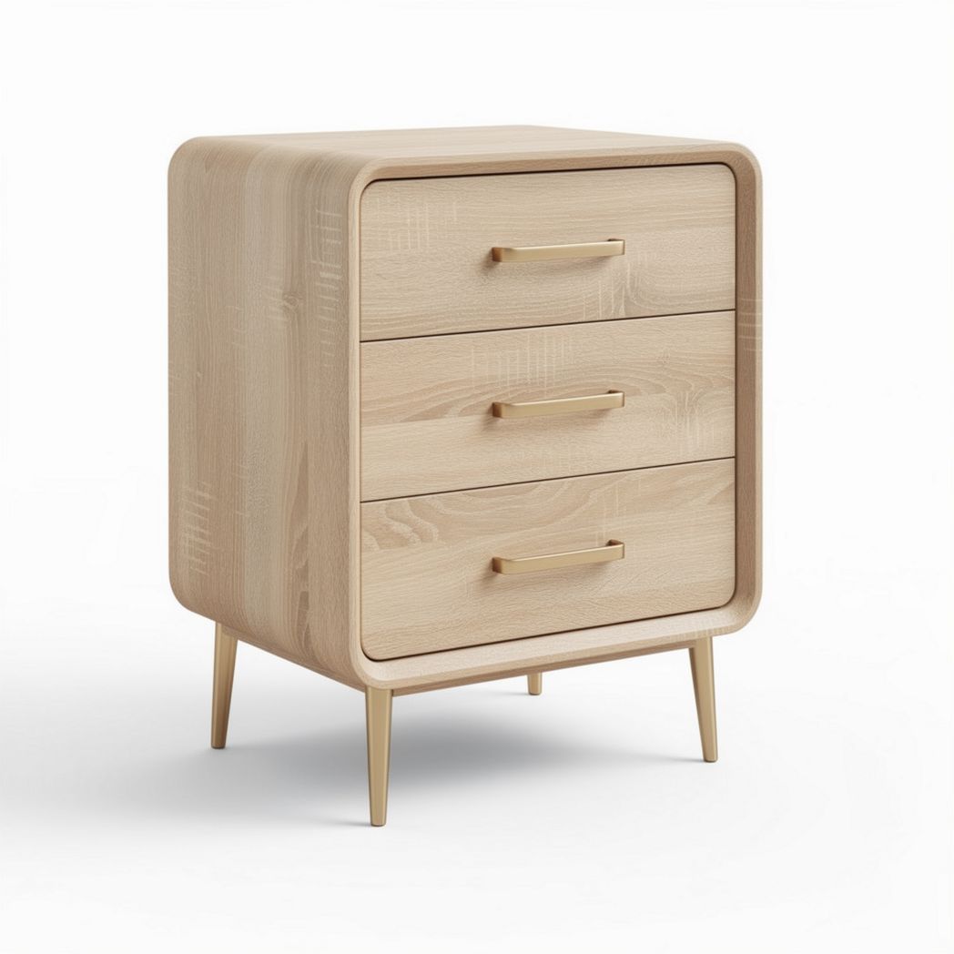 Natural wood nightstand with three drawers in light finish 45 x 40 x 60cm