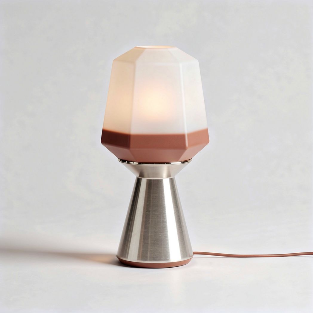 Table lamp with geometric design in white and brown glass and stainless steel base 15 x 15 x 30cm