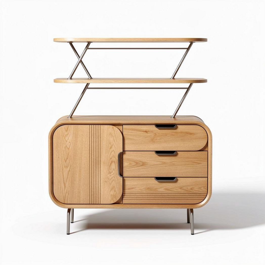 Natural wood sideboard with open shelf and three drawers 80 x 40 x 90cm