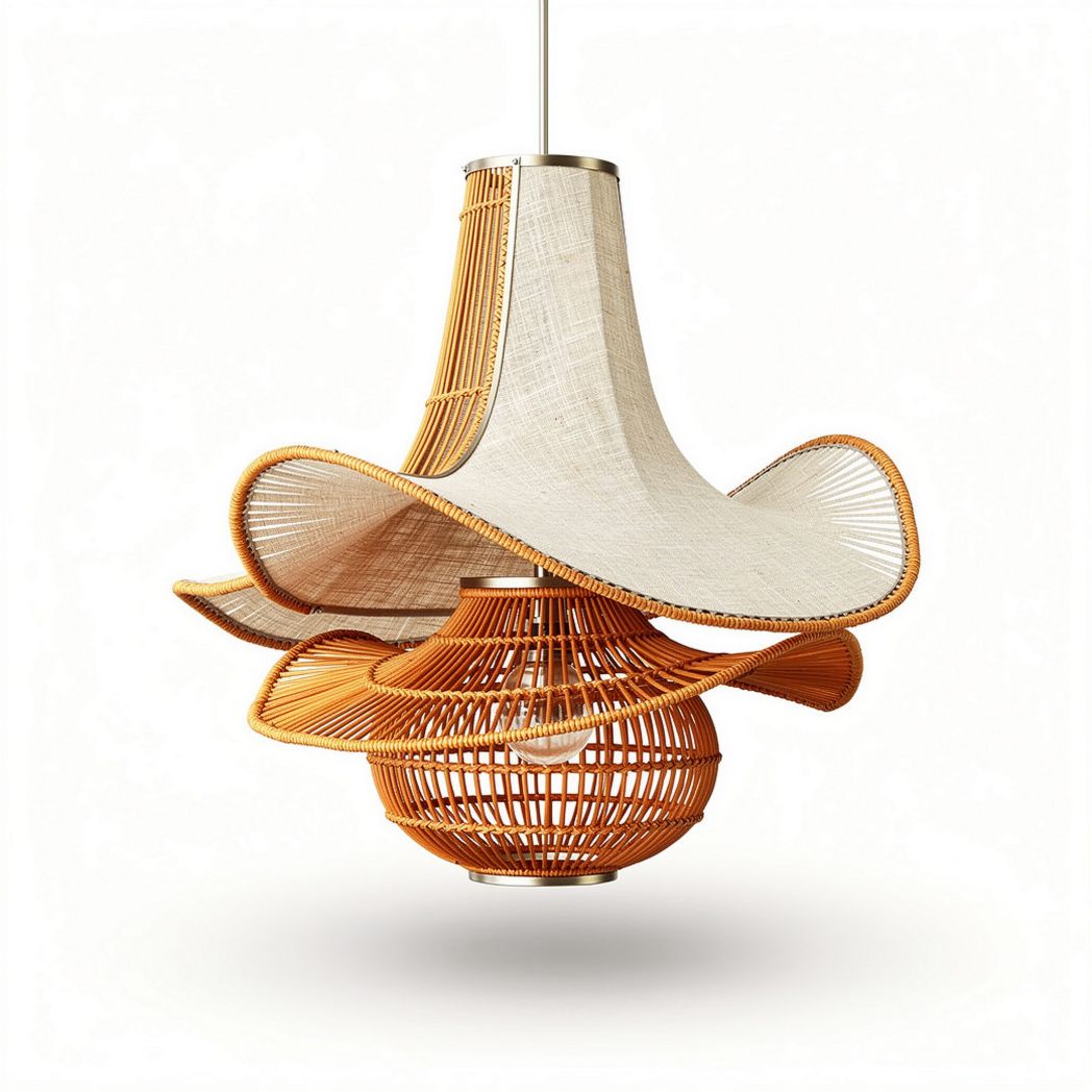 Woven rattan pendant light with fabric shade for indoor lighting 30 x 30 x 50cm