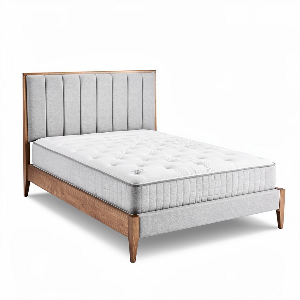 Queen size upholstered bed frame with wooden accents and mattress 200 x 160 x 30cm